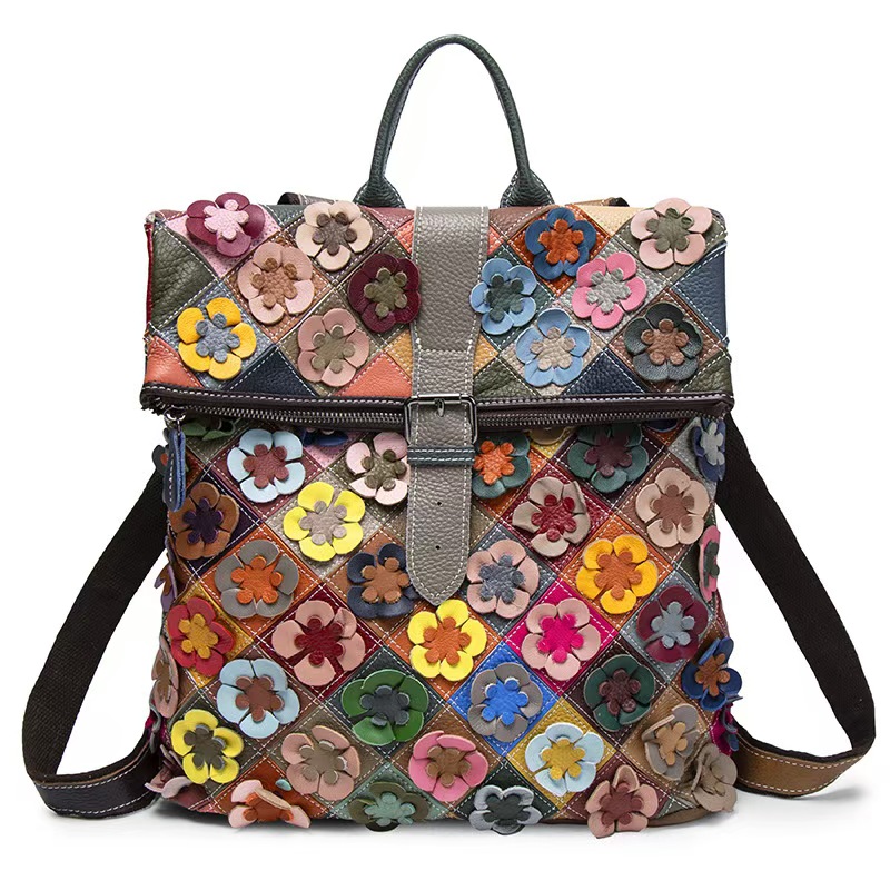 Vintage Fashion Women - Vintage Women Genuine Leather Backpack Flower