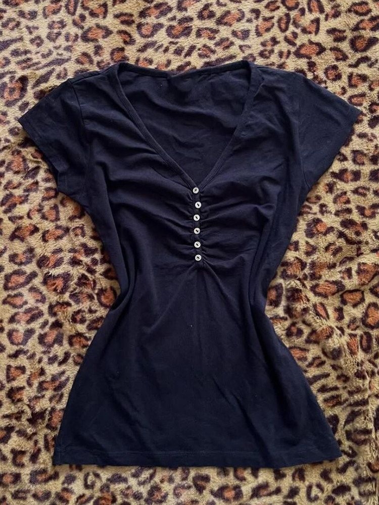 Vintage Fashion Korea - Korea Vintage Dark Blue T Shirts