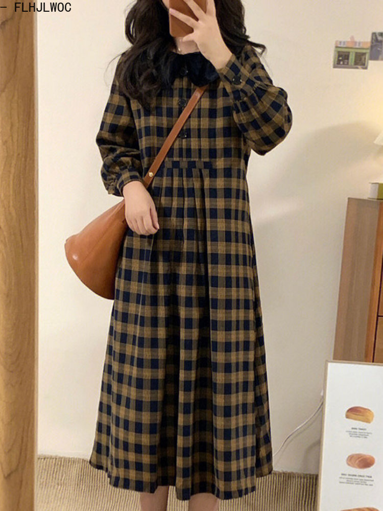 Coffee Plaid Dresses 2023 Basi - огляд і ціна Vintage Fashion Korea