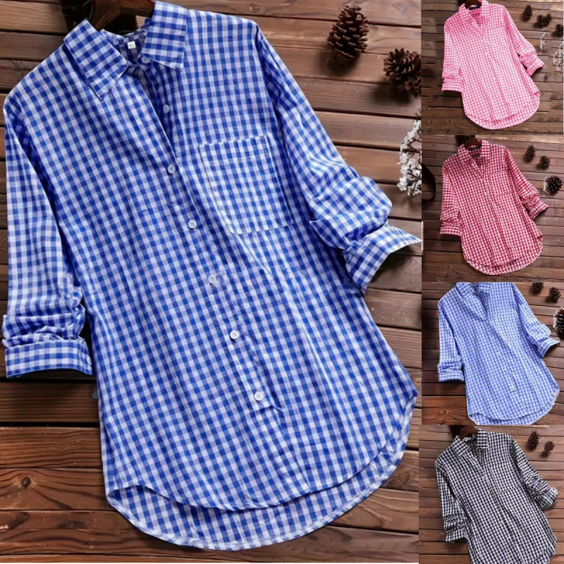 Loose Plaid Shirt Collar Long  - огляд і ціна Vintage Fashion Ebay